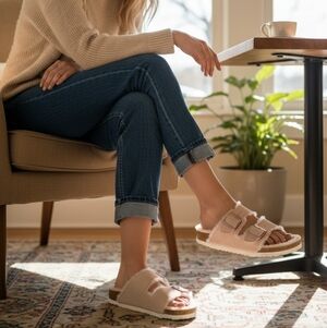 Birkenstock Arizona Shearling Double Monk Strap Sandals Color Is Light Rose